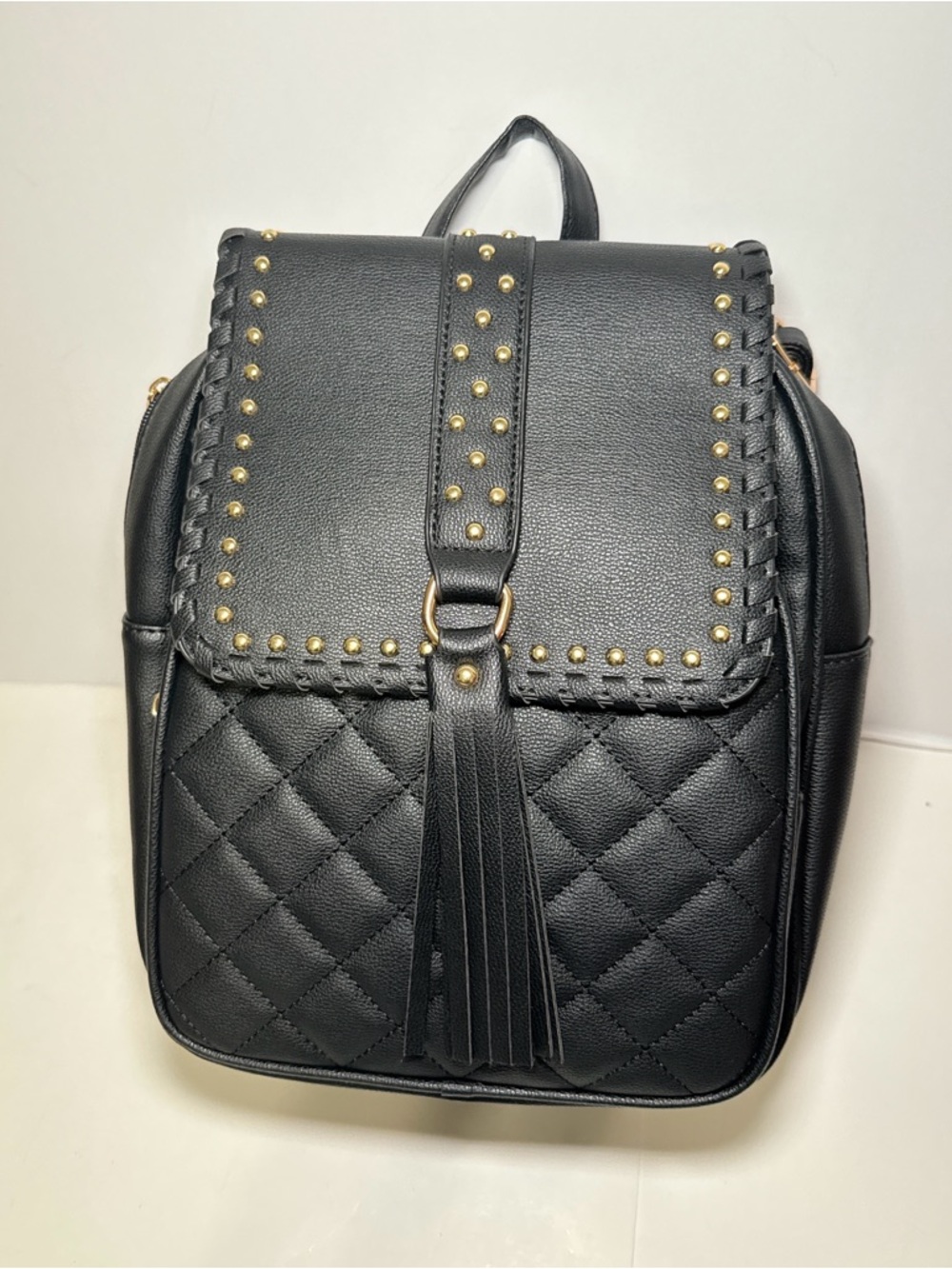 Black Quilted Leather Backpack Studded Tassel Mini Backpack Purse Gold Hardware